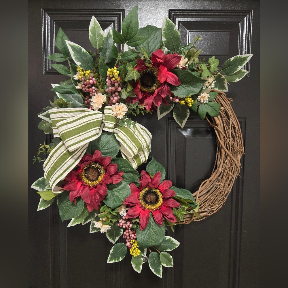 Wreath Making Kit Burgundy Sunflowers Mums and Berry Stems Linen Striped Ribbon